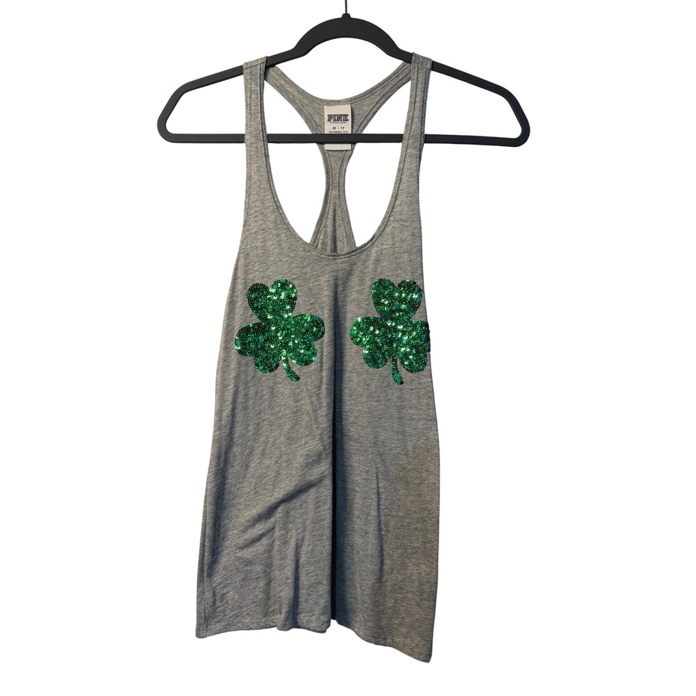 PINK Victoria's‎ Secret Tank Top Gray St Patrick's Day Sequin Shamrock Womens XS